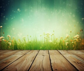 Wall Mural - Serene Summer Meadow Background with Wooden Plank Flooring