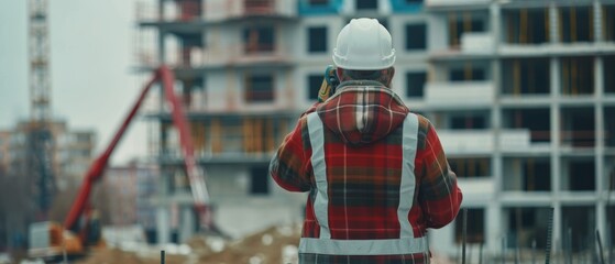 Poster - Optical Theodolite Surveyor Measuring Angles on Construction Site. Hard Hatted Construction Worker Making Building Projections.