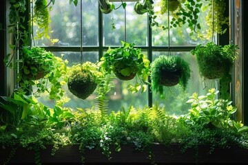 Poster - lush green plants hanging from a window sill indoors, receiving sunlight and adding a touch of natur