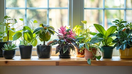 Poster - Several potted plants arranged neatly on a window sill, receiving sunlight