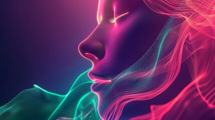 Poster - Close-up of a womans face depicted in vibrant neon colors, creating a bold and striking visual impact