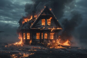 Poster - A house ablaze with flames and smoke billowing out, depicting a dangerous fire situation