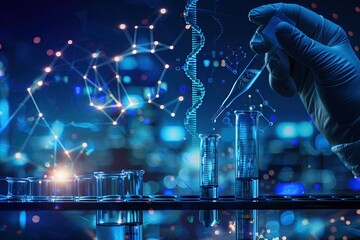 Wall Mural - Science and medicine Scientists place the sample in a glass tube. Experiment with liquid chemicals in the laboratory at the digital DNA structure