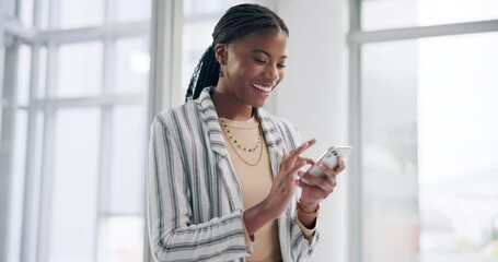 Canvas Print - Scroll, business and black woman with smartphone in office for social media, networking or communication. Professional, corporate and happy female consultant for texting, email or browsing internet