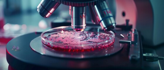 Poster - A close up shot of a Petri dish with genetically modified samples under a microscope. Microbiologist studying biology in modern laboratory.