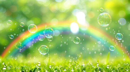 Poster - A colorful rainbow arching over bubbles floating in the grass outdoors