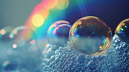 Poster - soap bubbles floating with a colorful rainbow background, showcasing the vibrant colors and reflective surfaces