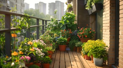 Poster - A balcony adorned with various potted plants and colorful flowers under natural sunlight
