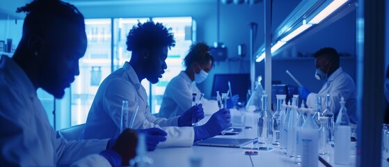 Poster - An advanced medical lab uses a tablet computer to discuss innovative biotechnology. The picture shows a diverse team of scientists.