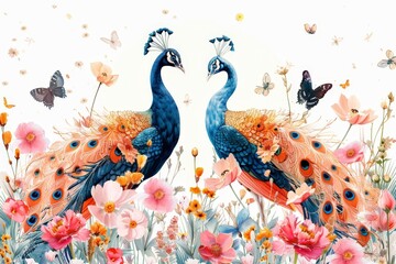 Poster - Two Peacocks Surrounded by Flowers and Butterflies