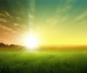 Wall Mural - Beautiful Sunrise Over Lush Green Meadow With Radiant Sun Rays