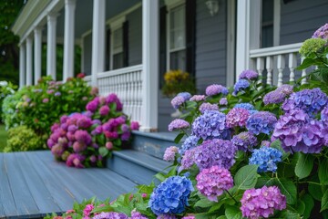 Poster - Hydrangeas Purple and Blue Flowers on a Porch