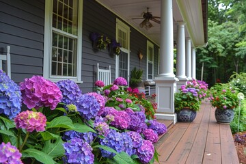 Poster - Assorted hydrangea Flowers Adjacent to a House