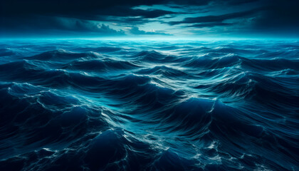 Poster - A vast ocean with tumultuous waves under a stormy sky, illustrating the power of nature, set against a dark background. Generative AI