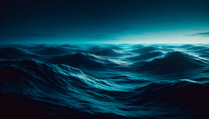 Poster - An image of a dark, stylized ocean with dynamic waves on a deep blue background, capturing the concept of nature's power. Generative AI