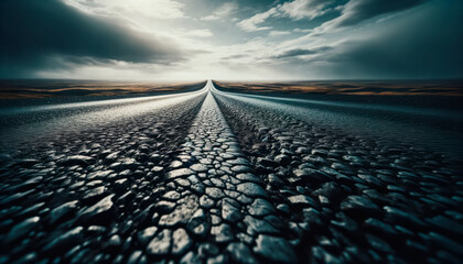 Fototapete - A desolate road stretching into the horizon, cracked surface, under dramatic stormy skies, illustrating a journey concept. Generative AI