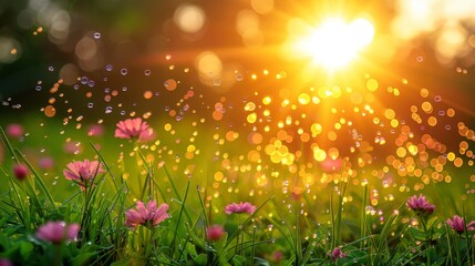 Poster - Bright Sun Shining Over Field of Flowers