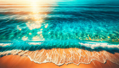 Poster - Sparkling ocean waves meeting a sandy beach under a sunlit sky, with a vibrant, photorealistic style on a warm-colored background, depicting a summer beachscape. Generative AI
