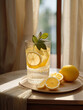 Glass of fresh made lemonade on the table, summer refreshing drink, detox, diet and healthy lifestyle concept.