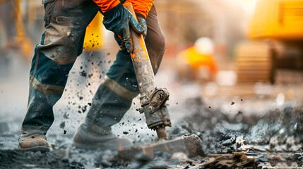 Construction worker using a jackhammer, construction site in the background