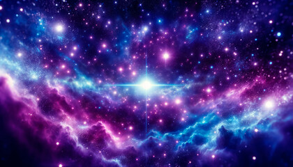 Poster - A vibrant cosmic space scene with bright stars and nebulae, on a dark background, conveys a concept of the universe's vastness. Generative AI