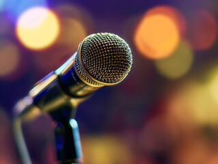 Poster - Close-up of a microphone on a bokeh light background, conveying a concept of performance or announcement, Generative AI. Generative AI