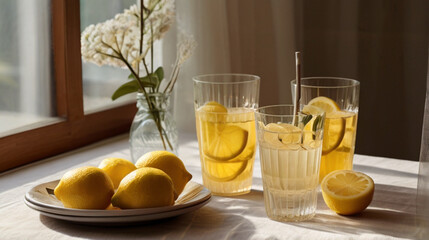 Glass of fresh made lemonade on the table, summer refreshing drink, detox, diet and healthy lifestyle concept.