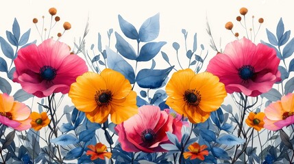 Poster - Painting of Poppy Flowers and Leaves on White Background