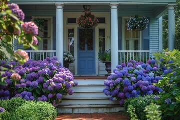 Poster - Blue Front Door Surrounded by Purple hydrangea Flowers