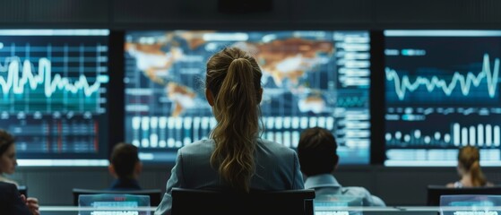 Poster - An expert on financial analysis talks to a group of businesspeople. A projector screen shows stock market data, investment strategy, and revenue growth.