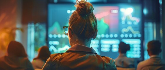 Poster - The following is a presentation made during a business conference meeting where a business woman discusses financial analysis with a group of business people. The projector screen displays stock