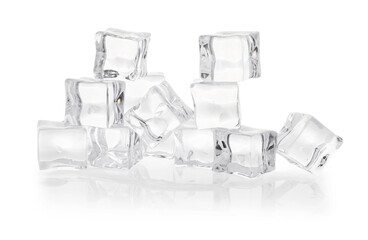 Many melting crystal clear ice cubes isolated on white