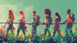 © Rattanathip - A group of diverse people walking through a field of flowers, holding hands in unity.