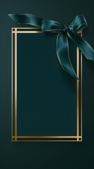 Wall Mural - Rectangle gold frame w green ribbon bow on dark green background