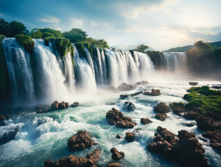 Poster - Majestic waterfalls cascading into a turbulent river with lush greenery on a sunlit backdrop, representing nature's grandeur. Generative AI