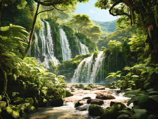 Poster - Lush waterfall surrounded by verdant foliage in a tropical forest, natural light, concept of nature's serenity. Generative AI