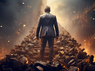 Aufkleber - A man in suit ascending a pile of debris with glowing embers, framed by towering ruins in a dramatic scene, embodying challenge and resilience. Generative AI