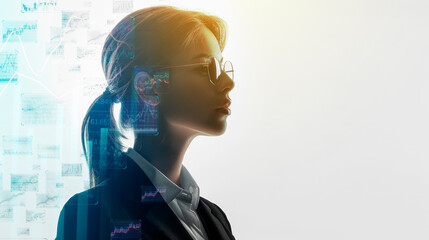 Aufkleber - Silhouetted female professional with digital graphs overlay on a bright background, depicting futuristic analytics concept. Generative AI