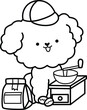 a vector of a cute poodle grinding coffee beans in black and white colouring