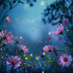 Sticker - Blossom pink cosmos flowers in garden at night in summer, summer flower theme, summer time.