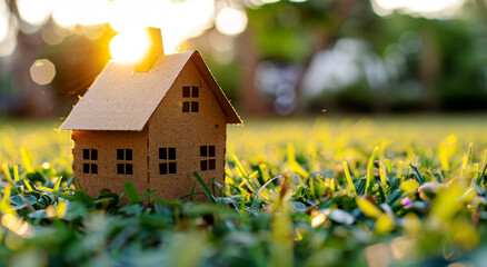 Aufkleber - A cardboard house model on green grass with sunlight, against a blurred natural background, concept of eco-friendly housing. Generative AI