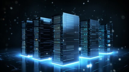 Wall Mural - conceptual server room with neon blue emissive. 
