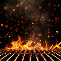 Poster - Sparks flying over a flaming barbecue grill on a dark background, concept of summer grilling, Generative AI. Generative AI