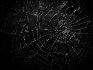 Aufkleber - Intricate spider web with water droplets, in monochrome on a dark textured background, symbolizing complexity and nature's design. Generative AI