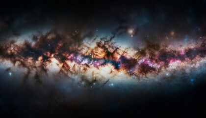 Poster - A vast cosmic scene with vibrant star clusters, set against a dark space background, reflecting the concept of the universe's beauty. Generative AI