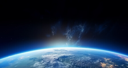 Poster - Earth as seen from space with visible galaxy stars, on a dark cosmic background, concept of exploration, Generative AI. Generative AI