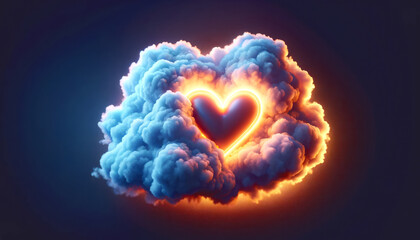 Poster - A neon glowing heart surrounded by stylized volumetric clouds on a dark blue background, concept of love and emotion. Generative AI