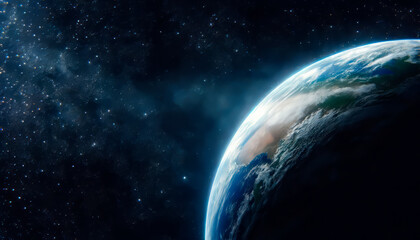 Poster - An image showing Earth from space with a starry cosmos background, illustrating a space exploration concept. Generative AI