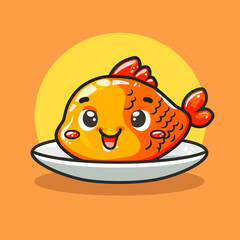 Wall Mural - A cartoon fish is sitting on a white plate. FISH DISH SNACK STREET FOOD