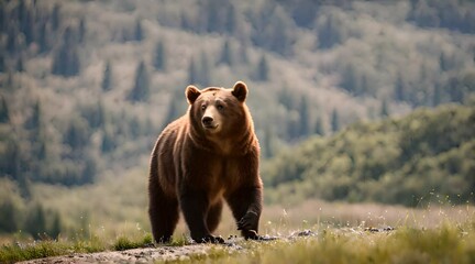 majestic brown bear in mountain meadow, sunlit mountain meadow, this majestic brown bear is seen in 